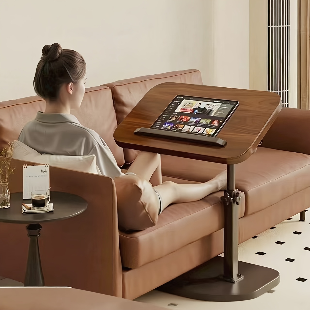 Tables - Black Walnut Swivel Laptop Desk, Height‑Adjustable