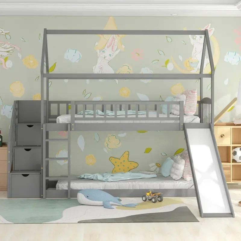 Solid wood children's double b - đánh giá và giá Bunk Bed With Stairs And Slide