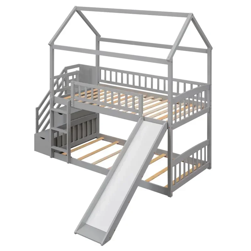 Solid wood children's double b - đánh giá và giá Bunk Bed With Stairs And Slide