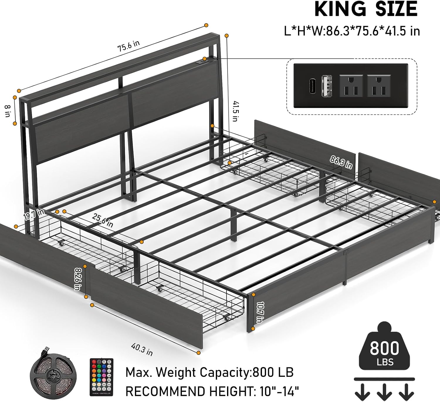 King Size Bed Frame with LED L - đánh giá và giá King Size Bed Frame With Storage Drawers